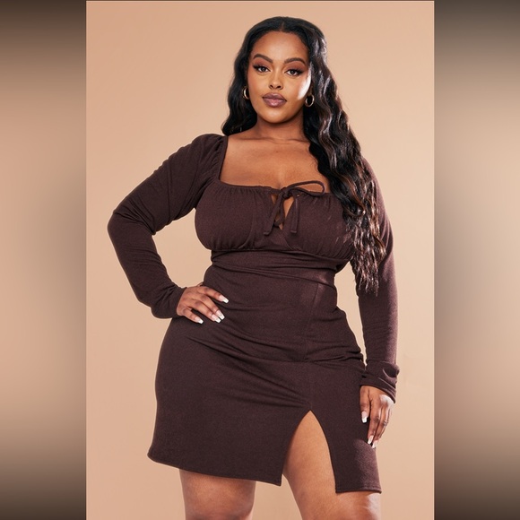 Plus Chocolate Puff Sleeve Tie Front Bodycon Dress from PrettyLittleThing - Picture 4 of 4
